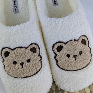 Teddy Bear Face Slippers Sherpa Upper Fleece Memory Foam Slip On Ivory Tan NWT
